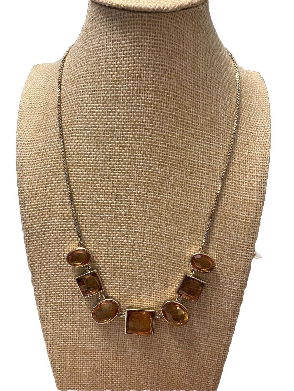 Anne Klein Vintage Silver Tone Statement Necklace Amber Brown Geometric Lion tag